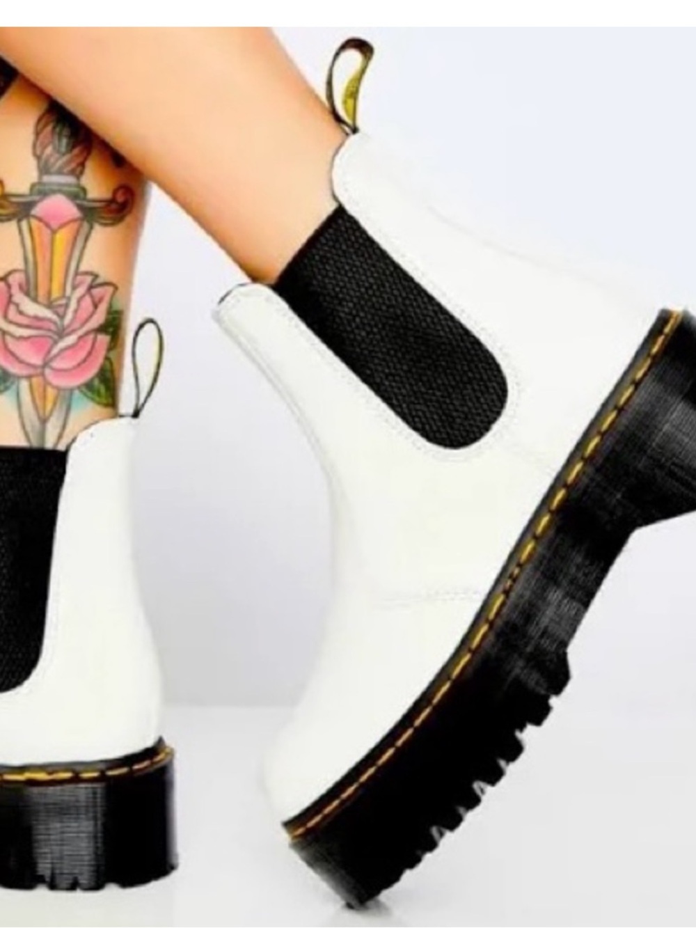 Dr. Martens White Platform Chelsea Boots with Yellow Stitching